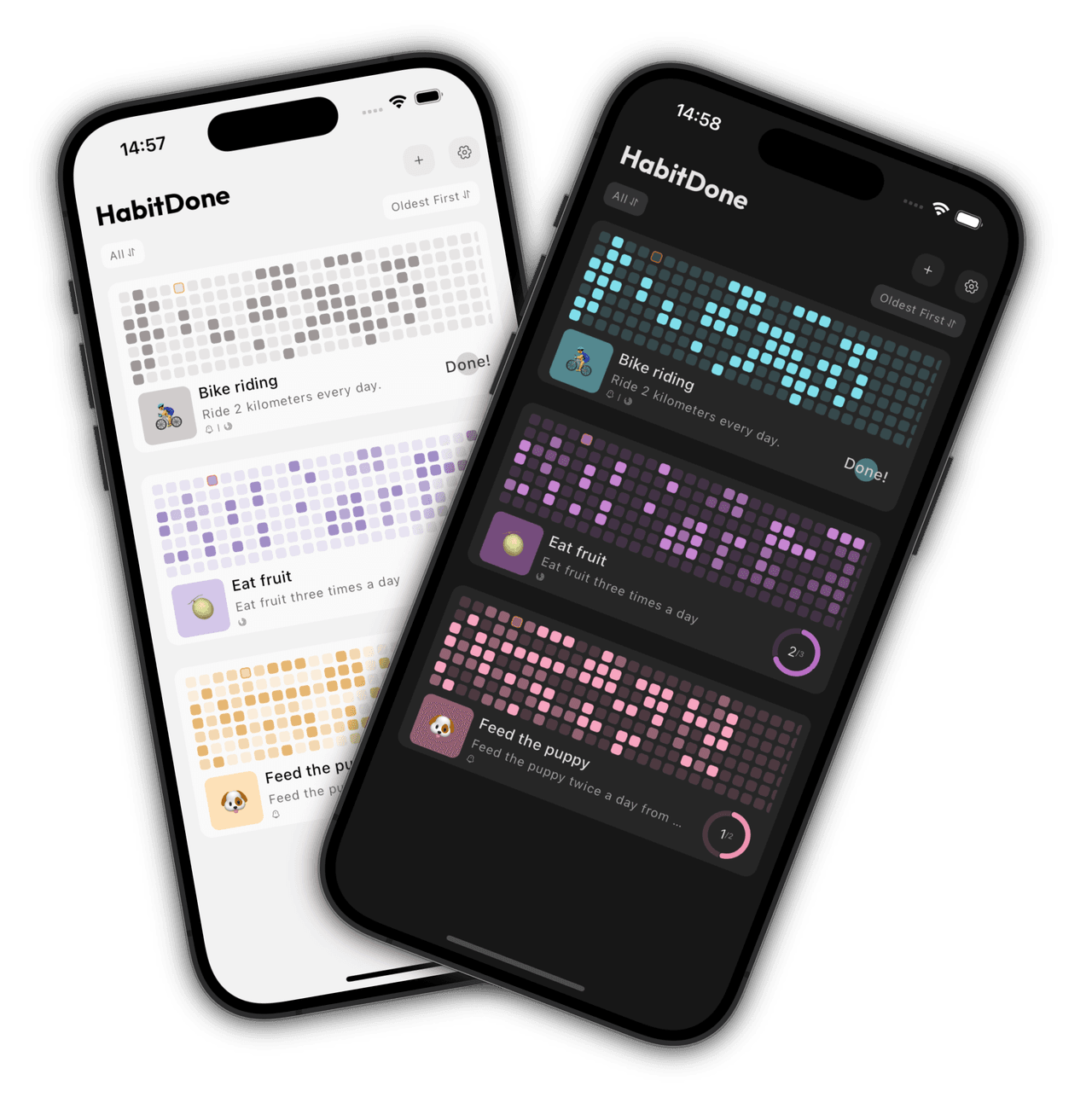 HabitDone showing its habit list in light and dark themes