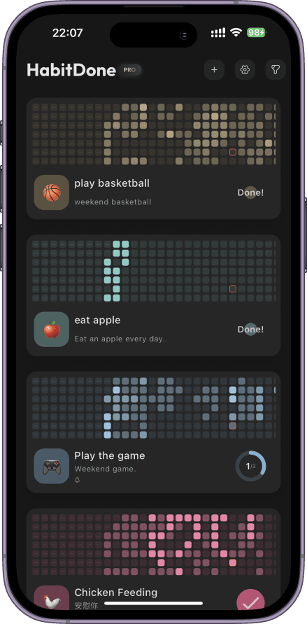 HabitDone dark theme showing a habit heatmap list