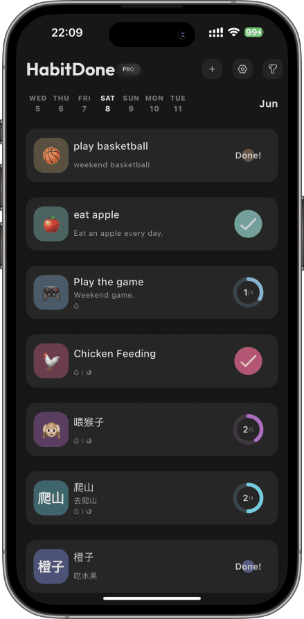 HabitDone dark theme showing a daily habit list