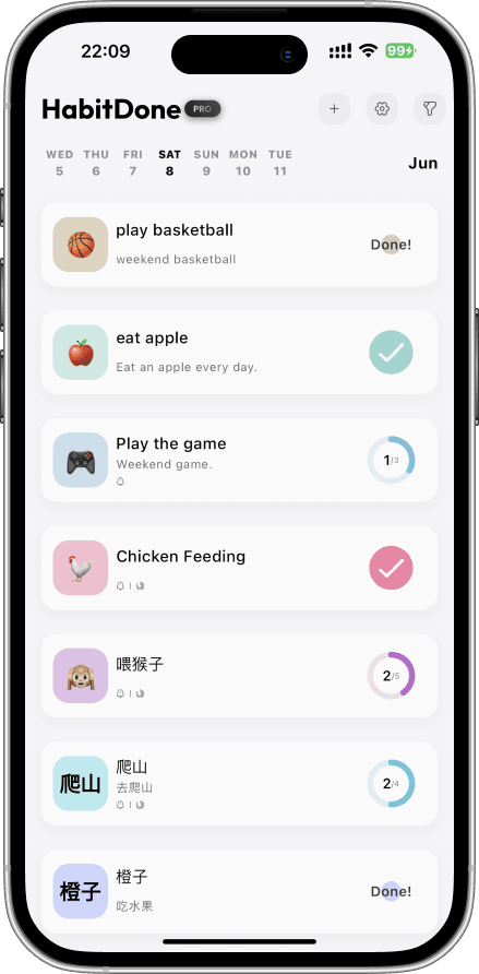 HabitDone light theme showing a daily habit list
